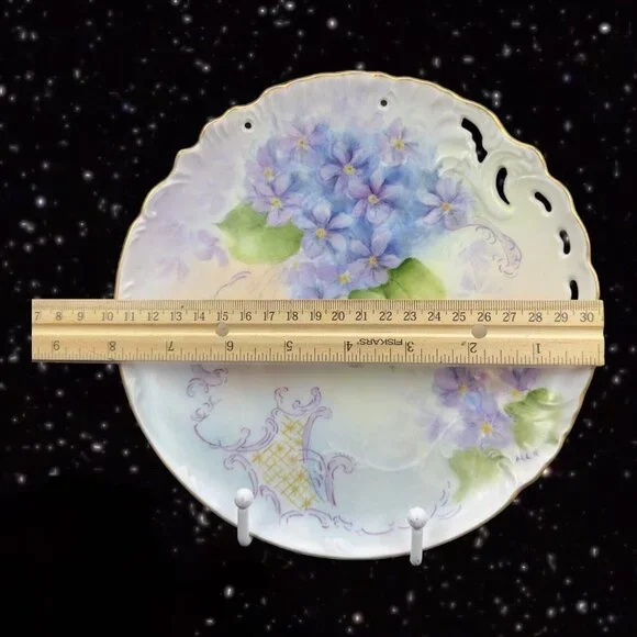Antique Hand Painted Plate Dish Fine Porcelain Painted Purple Flowers Signed MLN Accents